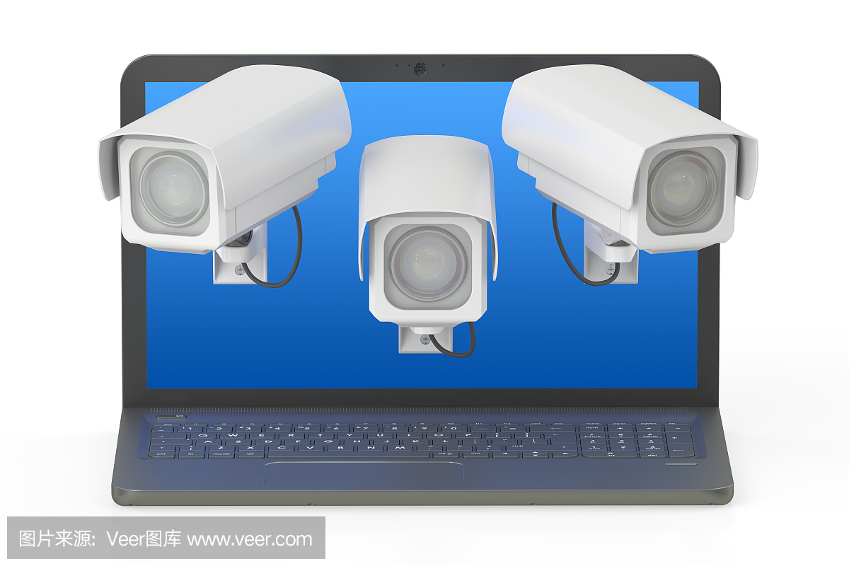 網絡安全的概念。筆記本電腦和CCTV, 3D渲染